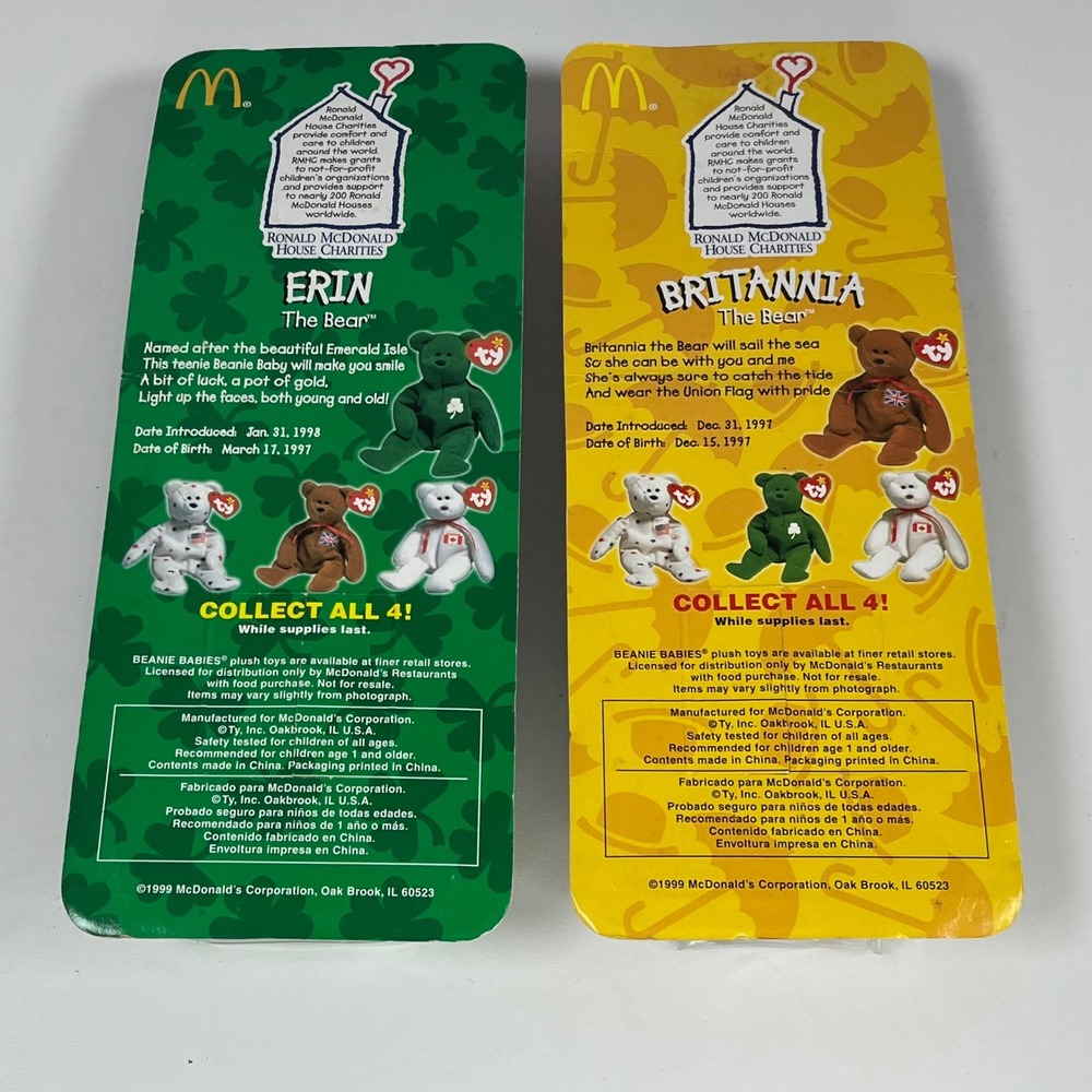 Ty Teenie Beanie Babies Erin & Britannia Bears McDonalds 1999 Sealed Set of 2 - Picture 4 of 9